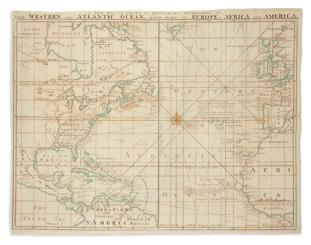 BEW, JOHN. A New Map or Chart in Mercators Projection of the Western or Atlantic Ocean, with Part of Europe, Africa and America.